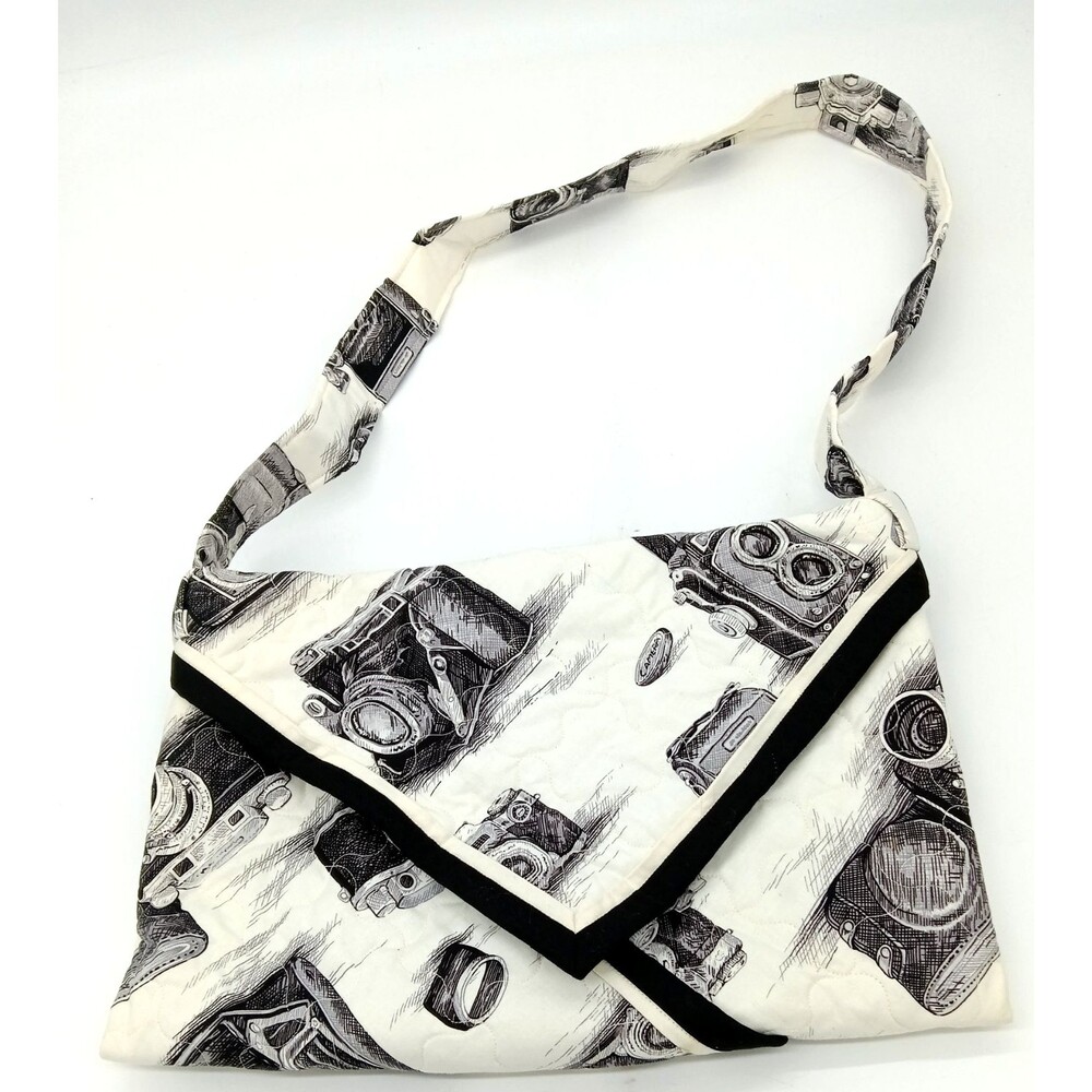 Handmade Quilted Black & White Vtg Camera Print Flap Shoulder Bag Purse